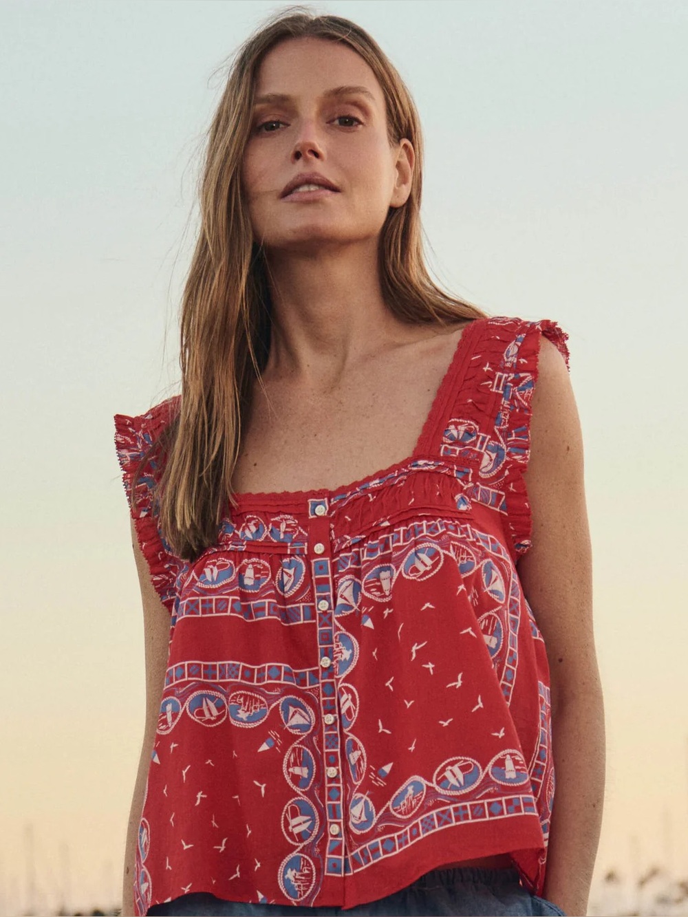 The Great Victorian Pleat Tank in Red Sailboat Bandana, Size 0